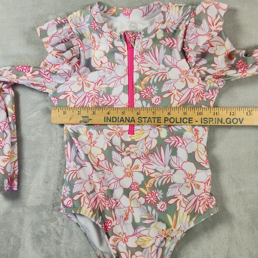 Wonder Nation Girl Swimsuit 5T Pink Multicolor Floral Long Sleeve Ruffle 1/4 Zip